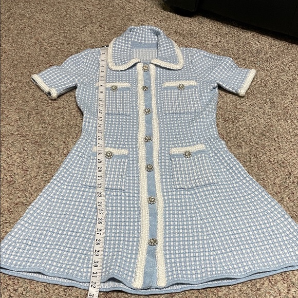 Blue and White check knit boucle ultra stretchy Dress with pearl/diamond buttons - Picture 7 of 10